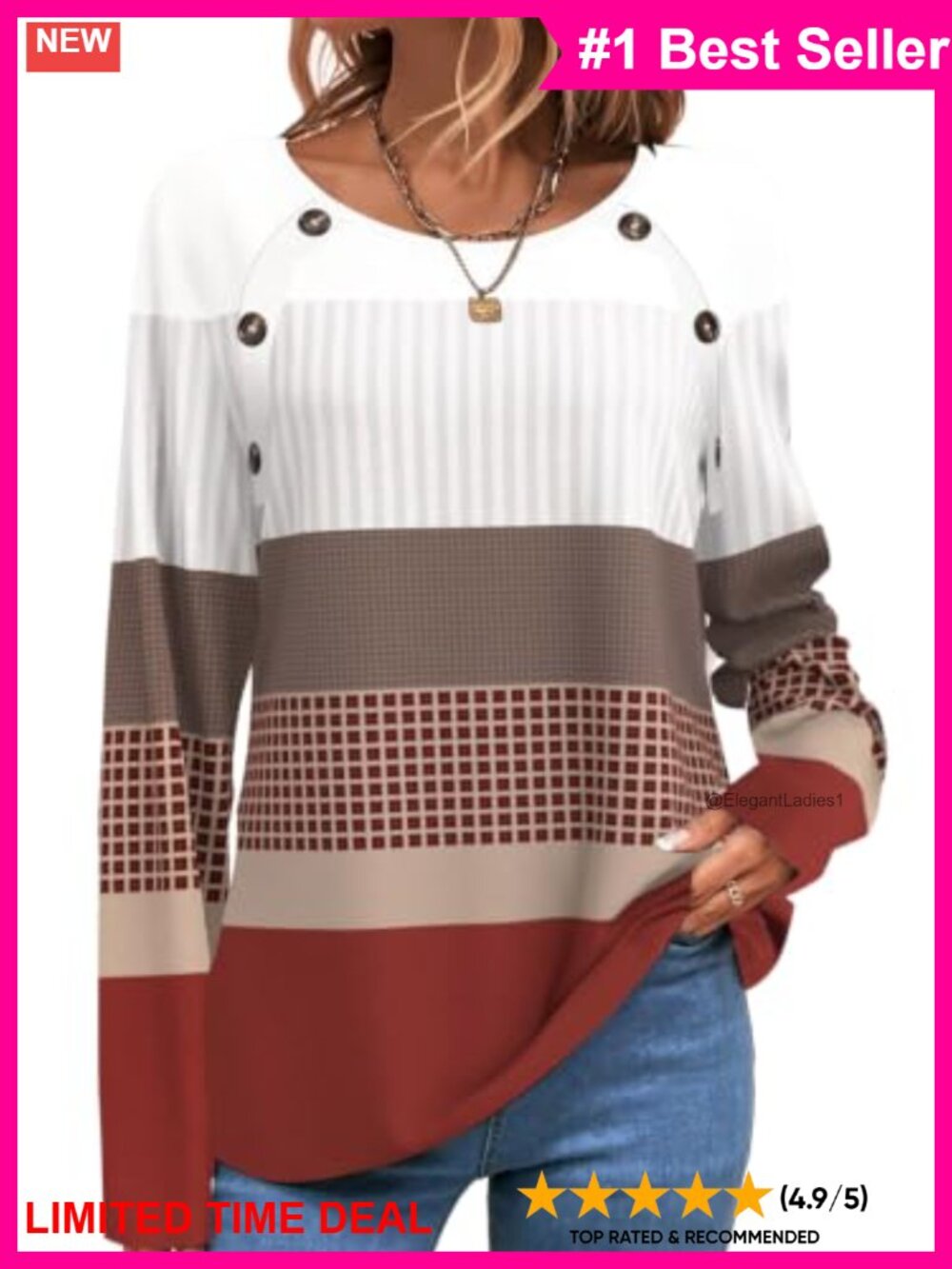 Long Sleeve Plaid Tunic Top Crew Neck Loose Fit Casual Shirt